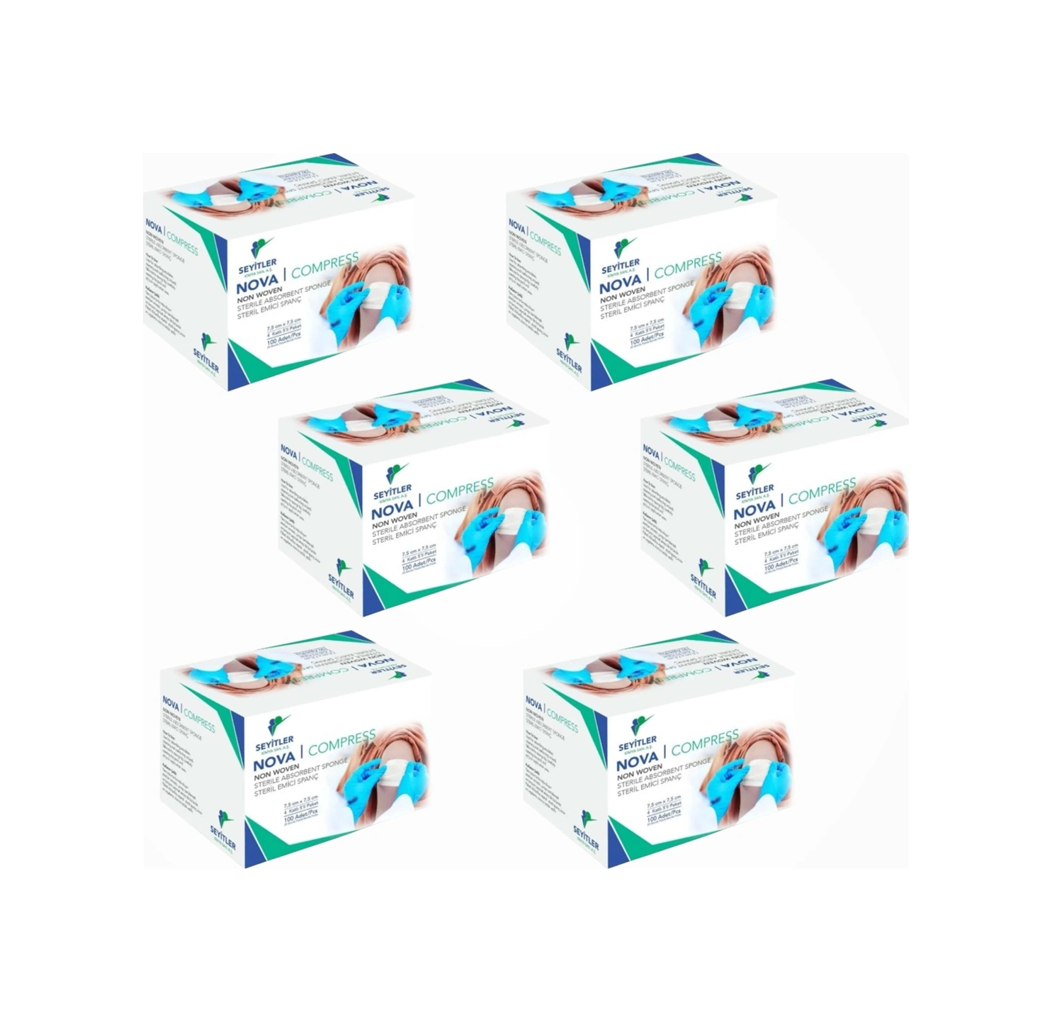 Seyitler Nova Nonwoven Kompres Steril 7,5cm X 7,5cm Spanç 100'lü Kutu - 6 Kutu