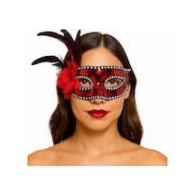 Kırmızı Renk Yandan Tüylü Güllü Gümüş Taşlı Pullu Maske 20x22 Cm Çok Renkli