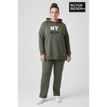 Superlife Büyük Beden Kapşonlu Ny Newyork Baskılı Tunik İnce Sweatshırt Spr26btk991-1 Haki
