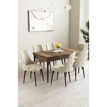 Mabel Barok Desen 80x132 Mdf Açılabilir Mutfak Masası Takımı 6 Adet Sandalye Krem