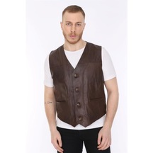 Hakiki Kuzu Derisi Kahverengi Classic Düğmeli Erkek Deri Yelek Kahverengi