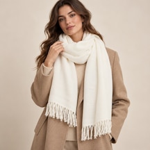 Lumıère Ecru Collection Ekru Krem Püsküllü Kadın Şal Soft Touch Yumuşak Dokulu, Oversize, Old Money Stil, Zarif Kışlık Atkı Şal Çok Renkli