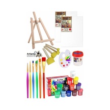Mini Şövale 25x35 2 Li Tuval Fatih 12 Renk Guaj Boya Başlangıç Seti Fırça Palet Ponpon Temizleme Kabı Masaüstü Sanatsal