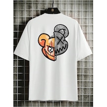 Çift Yüz Ayıcık Süprem T-shirt - Beyaz Baskılı Oversize Bisiklet Yaka Tişört Beyaz-