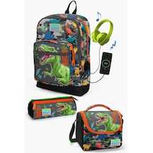 Coral High Kids Siyah Gri Dinozor Desenli Usb'li 3 Lü Okul Çanta Seti Set0123844