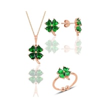 Gümüş Rose Kök Zümrüt Taşlı Yonca Kolye Küpe Ve Yüzük Üçlü Set