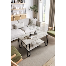 Nury Orta Sehpa Siyah Metal - Beyaz Mermer Tabla