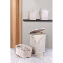 Dantel Desen 5 Parça Banyo Seti Kirli Sepeti Çamaşır Selesi Deterjanlık Wc Fırça Çeyiz Seti Bej