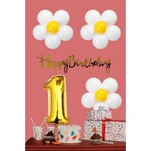 1 Yaş Papatya Temalı Beyaz Sarı Papatya Balon Gold Rakam Gold Banner Doğum Günü Seti Çok Renkli