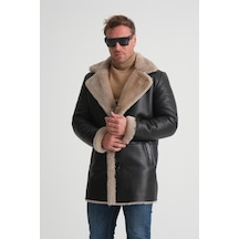 M M Marki Marki Lüks Erkek Deri Kaban, 90 Cm Uzunluk, Hakiki Kürk Yaka, Premium Siyah Dış Yüzey - 500522