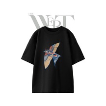 Thewert Patterned Bird Tasarım Baskılı Ünisex Siyah Oversize T-shirt