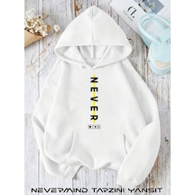 Nevermınd Unisex Slogan Düz Baskılı Oversize Baskılı Kapşonlu Sweatshirt 3 Iplik Beyaz Beyaz