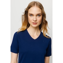 Kadın V Yaka Kaşkorse Pamuk T-shirt Lacivert Lacivert