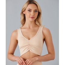 Aurafit Kadın Önü Büzgülü Arkası Çapraz Kaplı Croptop/büstiyer Bej