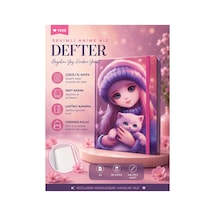 Sevimli Anime Kedili Kız Tasarımlı Sert Kapak Defter A5 Çizgili 80 Sayfa Lastikli Pembe Pembe
