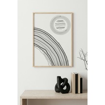 Doğal Ahşap Çerçeveli Soyut Çizgili Tablo - Grayscale Huhu1380