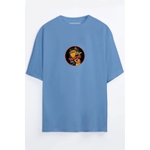 Vampurr Vampir Kedi Baskılı Unisex Siyah Oversize T-shirt Mavi