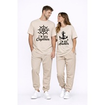 Nevermınd Sevgili Kombini Oversize Çift Tişört Unisex Captain Anchor Baskılı Matching Couple Partner Bej Bej