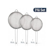 3 Lü Paslanmaz Çelik Süzgeç Seti 16-18-20 Cm İnce Gözenekli Metal Mutfak Süzgeci, Un Eleği, Makarna Ve Sebze Süzme Aparatı Gümüş