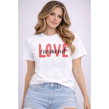 Herkesemoda Love Emamored Baskı Detaylı Basic T-shirt Beyaz