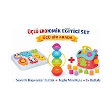 3'lü Bebek Gelişim Seti 2 Toplu Mini Kule + Sevimli Hayvanlar Bultak + Bul Tak