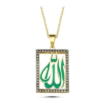 Mineli Allah Yazılı Yeşil Kolye Gümüş