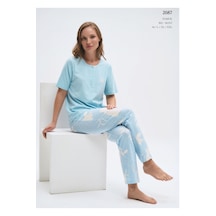 Pijadore 2087 Pamuklu Esnek Kumaş Kısa Kol Kadın Pijama Takımı Mavi