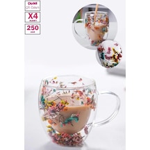 4'lü Çift Cidarlı Çiçekli Bardak Kahve Çay 250ml Bardağı El Yapımı Kulplu Borosilikat Cam Bardağı