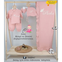 Gros Shop 4 Katlı Müslin 5'li Kimono Bağcıklı Tulum %100pamuk Hastane Çıkışı Kişiye Özgü İsimli Nakış Desenli Pembe-2