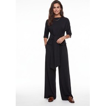Onloox Kadın Siyah Siyah Modal Esnek Kumaş Belden Bağlamalı Kısa Kollu Bol Paça Rahat Kesim Alt Üst Takım