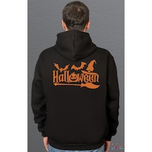 Bumeta Halloween Yarasa Balkabağı Cadı Şapkası Ve Süpürge Turuncu Sweetshirt Unisex Kapüşonlu Hoodie Siyah