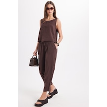 Tudors Kadın Standart Fit Normal Kesim Likralı Bisiklet Yaka Bluz Geniş Paça Kahverengi Pantolon Takım-50956