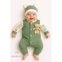Babyden's Teddy Bear Temalı Yenidoğan Fitilli Tulum Takımı Ayıcıklı Erkek Bebek Tulum Şapka Set %100pamuk Yeşil