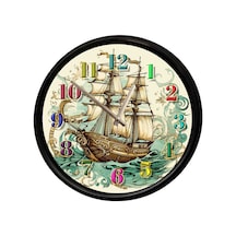 Vintage Yelkenli Gemi Temalı Dekoratif Duvar Saati 28 Cm Sessiz Mekanizma Çok Renkli