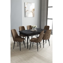 Jusie Siyah Mermer Desen 80x132 Açılabilir Yemek Odası Takımı 6 Adet Sandalye Kahverengi
