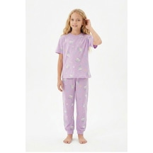 Zuzunga Unicorn Desenli Kısa Kollu Pamuk Kız Çocuğu Pijama Takımı Lila