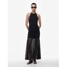 Koton Slim Fit Drapeli Sırt Dekolteli Halter Yaka Tül Detaylı Uzun Elbise Siyah 6sak80258ek