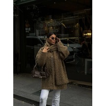 Ertaştrendstore Kadın Yün Cıkartılabilen Atkılı , Kaban İkili Takım - Kahve Çok Renk