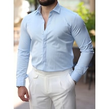 Süper Slim Fit Dar Kalıp Gizli Düğmeli Pamuk Saten Gömlek Açik Mavi