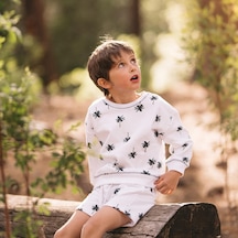 Antebies Organik Beyaz Palmiye Desenli Beli Lastikli Bağcıklı Erkek Çocuk Sweatshirt Şort Takımı