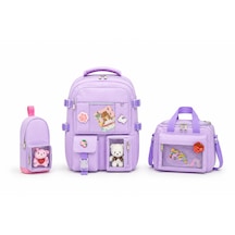 Quovo Kawaii Kore Tarzı Full Aksesuarlı Yerli Günlük Okul Çantası Kız Erkek Beslenme Kalemlik Çanta Seti Pembe - Lila