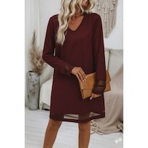 Veraura Lifestyle Kadın Uzun Kollu V Yakalı Tül Şerit Detaylı Mini Krep Elbise Bordo