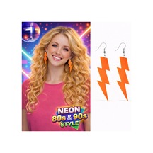 80 Ler 90'lar Retro Neon Turuncu Şimşek Küpe 10 Cm Altın - Çok Renkli