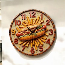 AA Shop Renkli Baskı Büfe Sosis Yemek Desenli Sayılı Hediyelik Ahşap Sessiz Duvar Saati 50cm ÇOk Renkli