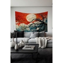 Kırmızı Gece Desenli Duvar Halısı Duvar Örtüsü Tapestry Süet Dokulu Kumaş