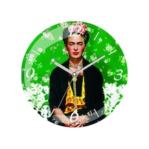 Frida Kahlo Portre Çap 30cm Sessiz Akar Bombeli Gerçek Cam Duvar Saati Çok Renkli