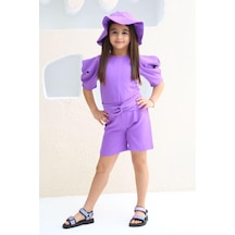 Riccotarz Kız Çocuk Yarım Kollu Kuşak Detaylı Şapkalı Mor Tulum 3-12 Yaş 001