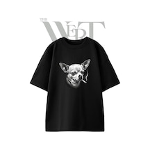 Thewert Chihuahua Smoking Tasarım Baskılı Ünisex Siyah Oversize T-shirt