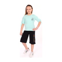 Toontoy Kids Toontoy Kız Çocuk 2'li Takım Baskılı Bisiklet Yaka T-shirt & Beli Lastikli Cepli Kapri Şort - Yırtmaç Detaylı Mint Yeşili