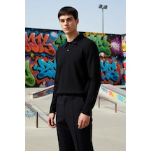 Benerly Erkek Polo Yaka Uzun Kol Relaxed Fit Pamuk Sweatshirt Fonksi siyah